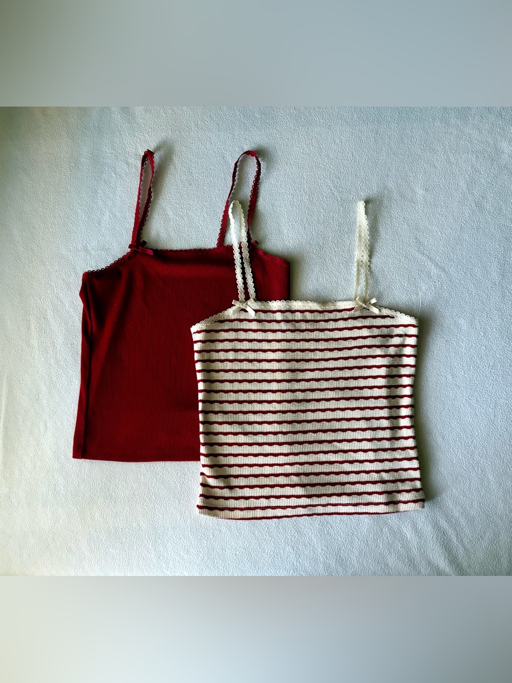 BUNDLE OF TWO American Eagle Ribbed Camis: Cream w/ Red Stripes & Solid Red